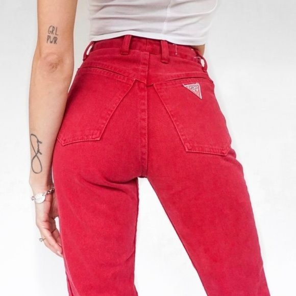 Vtg 90's Georges Marciano X Guess High Waisted Red Zipper Ankle Tapered Jeans 29 - Picture 1 of 11